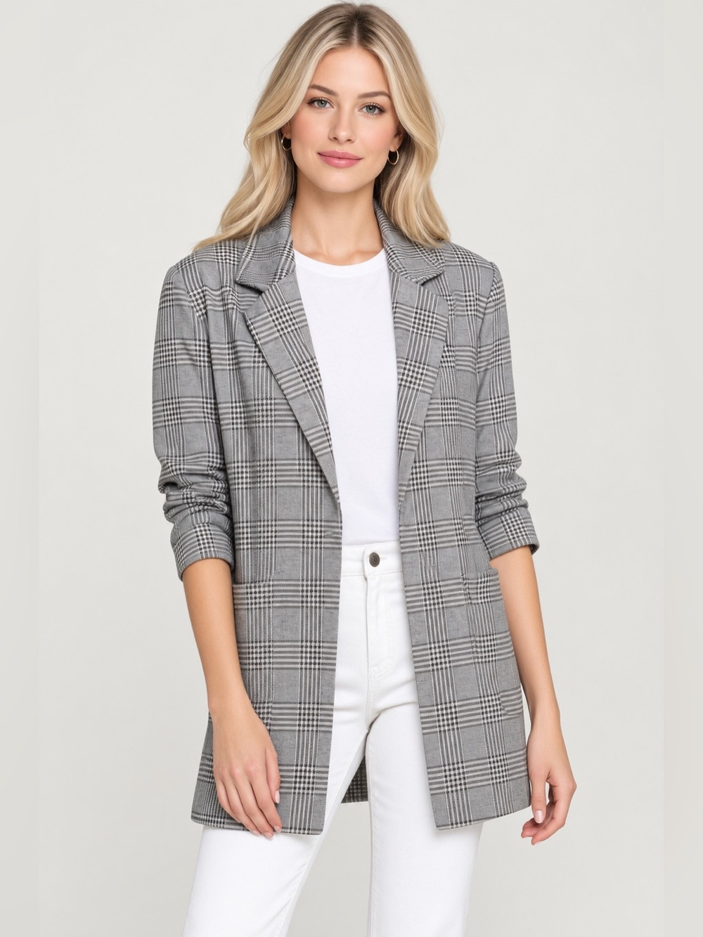 H&M Gray Houndstooth Plaid Long Blazer Coat Large NWT